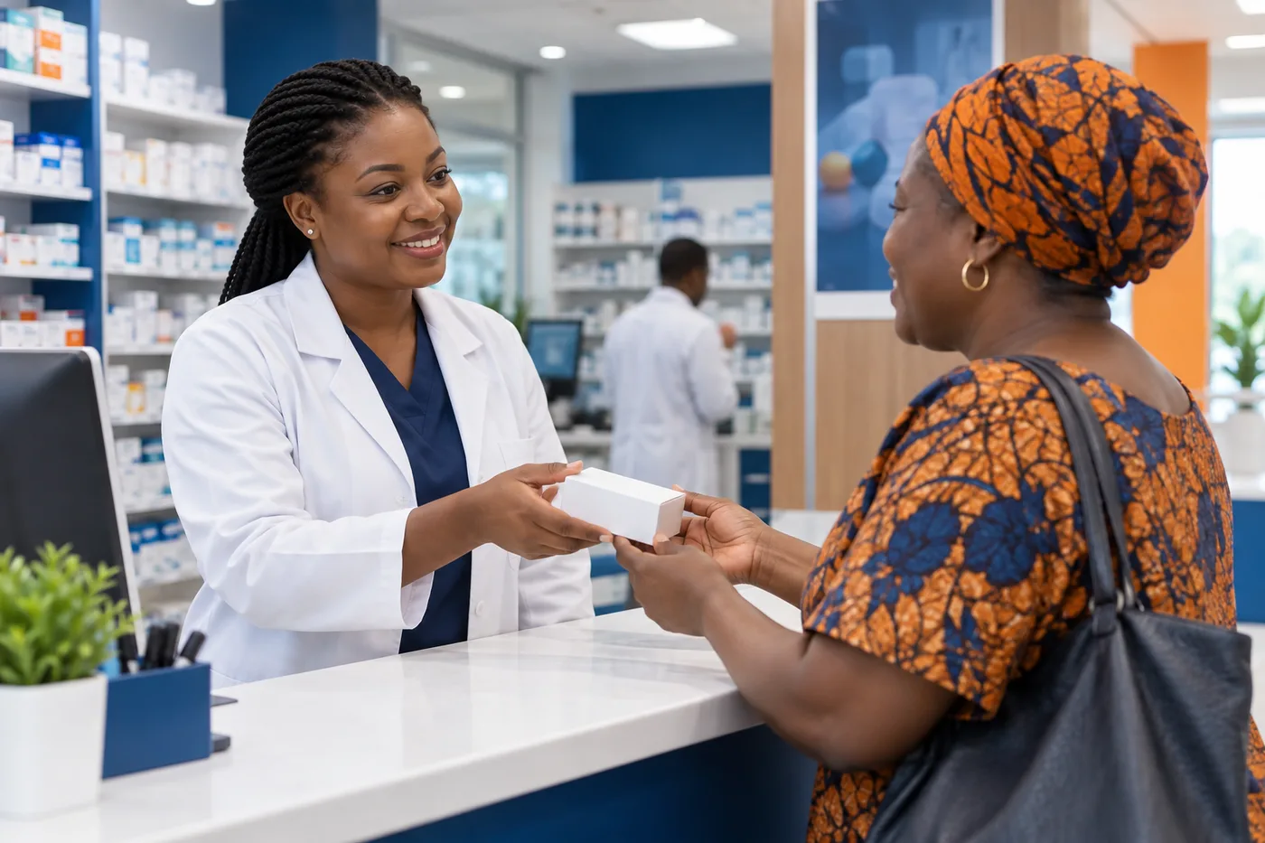 A pharmacist helping a patient access medicine in a Nigerian hospital pharmacy
