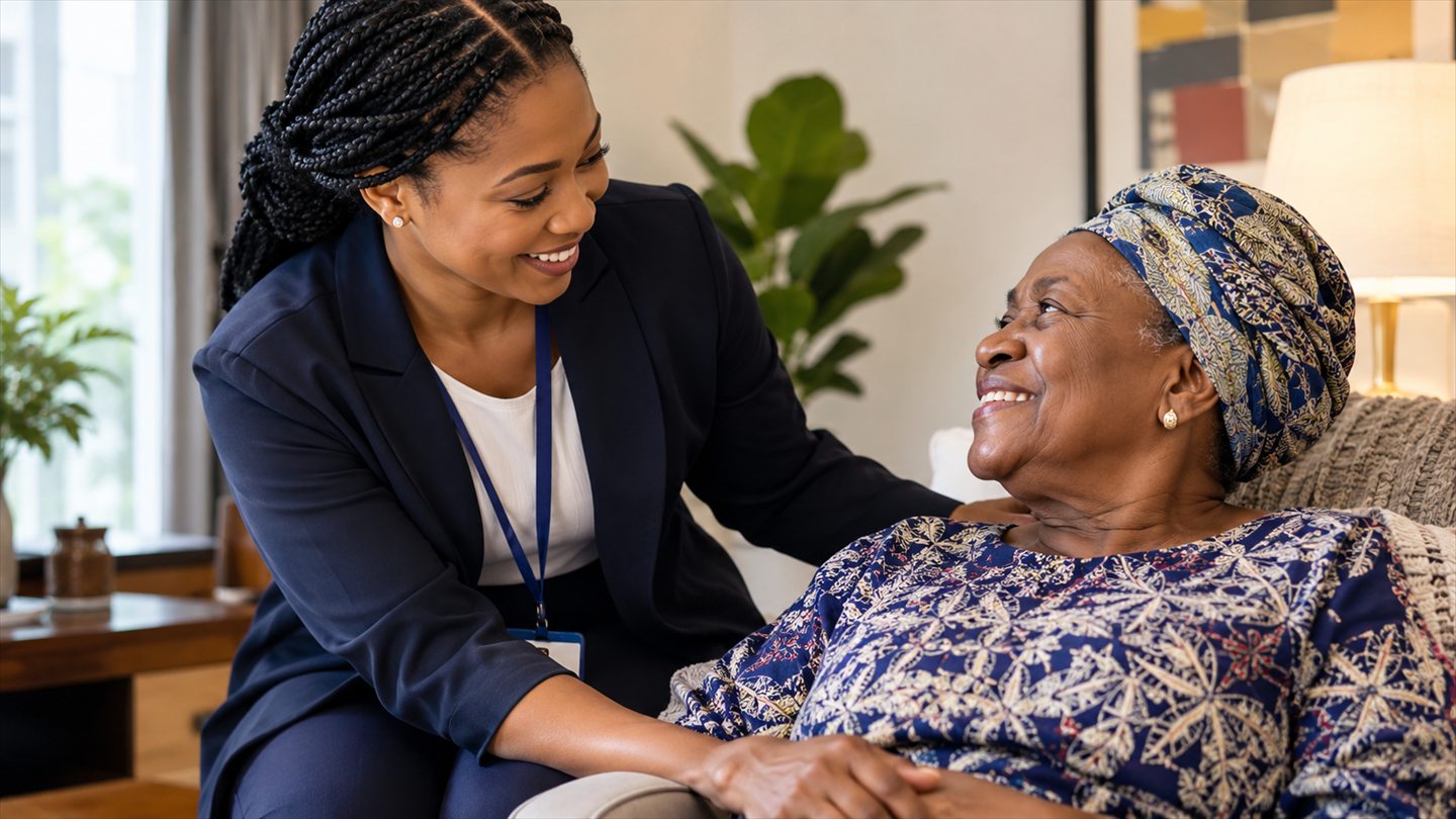 A healthcare professional supporting an older woman receiving care at home
