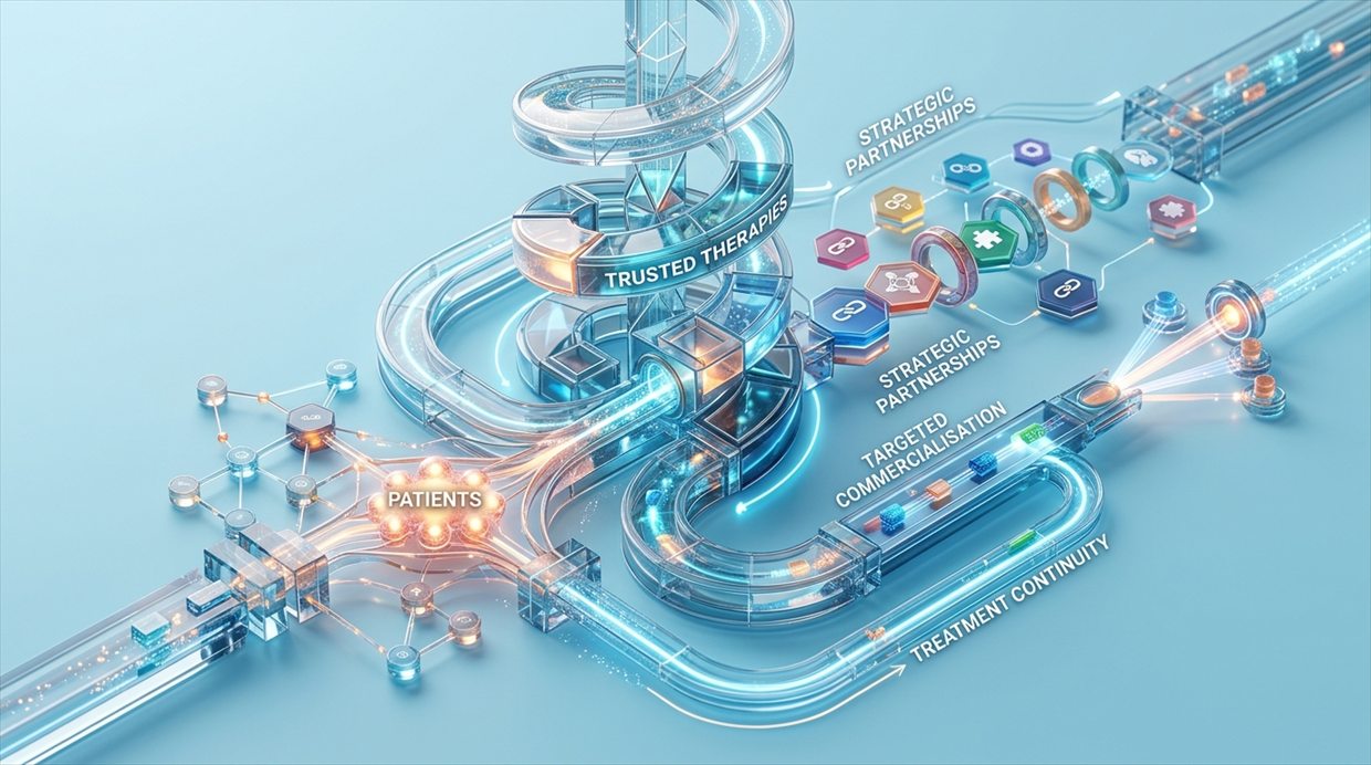 A connected-care system linking patients, trusted therapies, strategic partnerships, commercialisation and treatment continuity