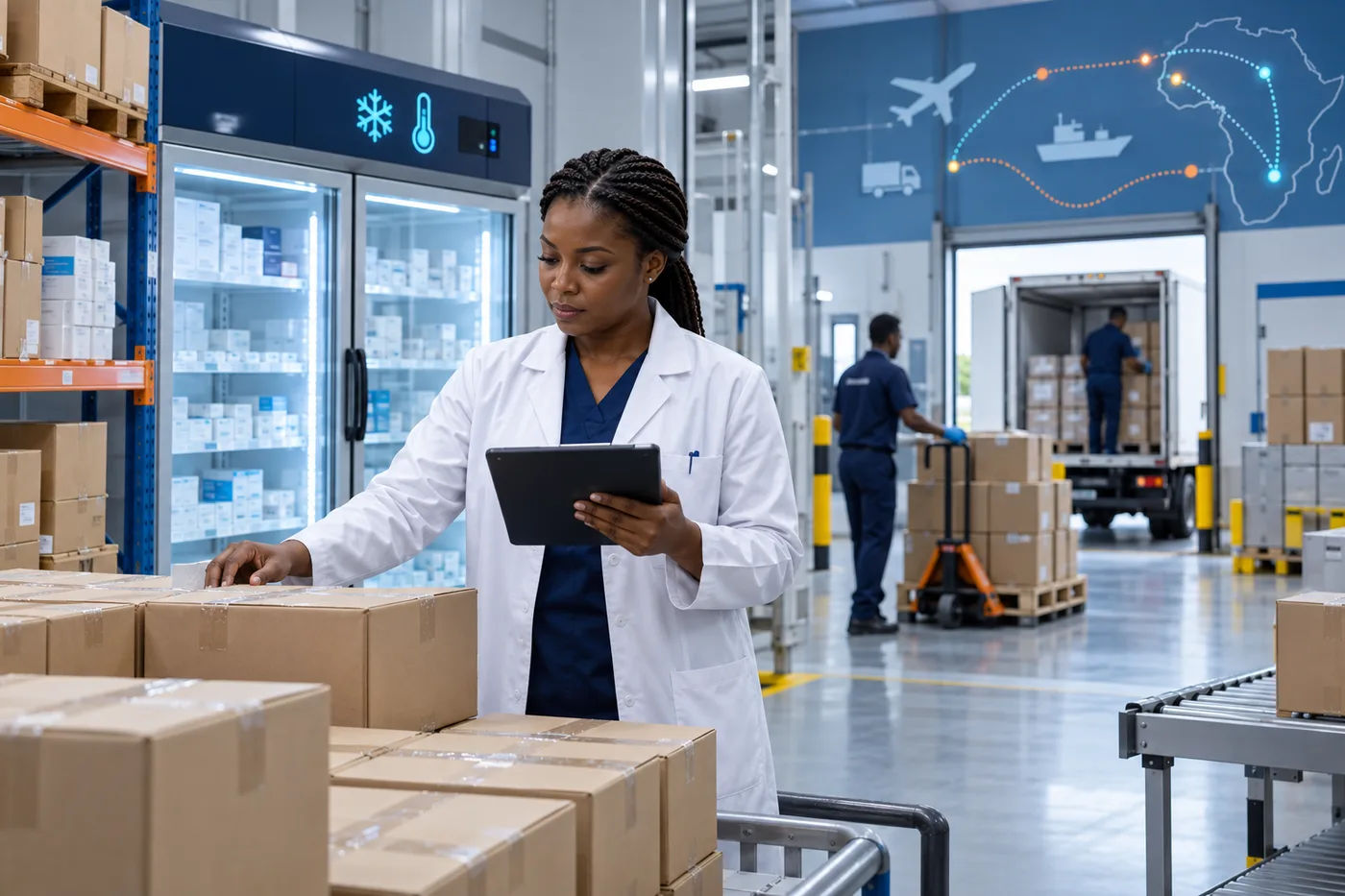 A pharmacist checking medicine supplies in a modern pharmaceutical distribution centre