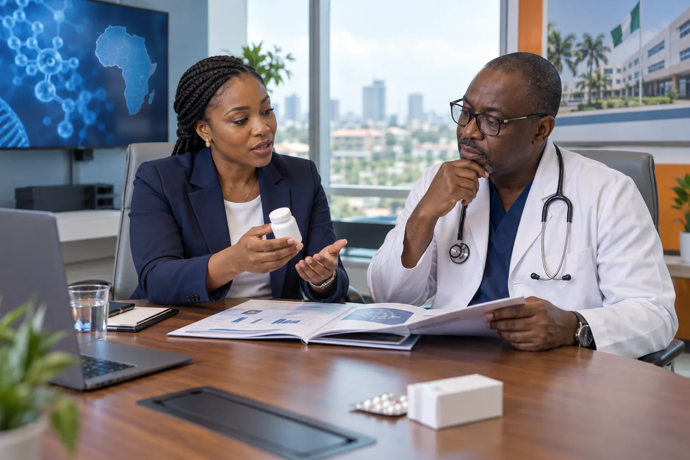 A scientific representative and hospital clinician discussing specialty medicine access